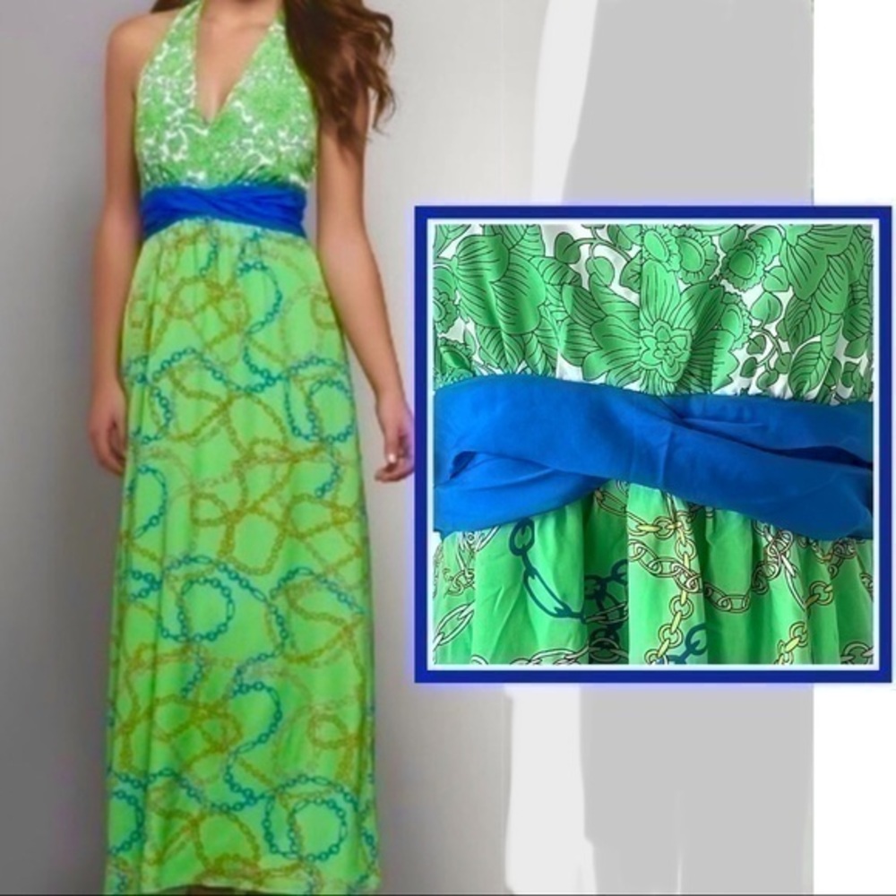New York & Co. bright green & blue mixed print plunge neck halter maxi dress SzM
